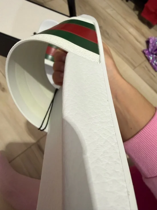 Gucci White Slides with Green and Red Stripe Accent - Picture 4 of 5